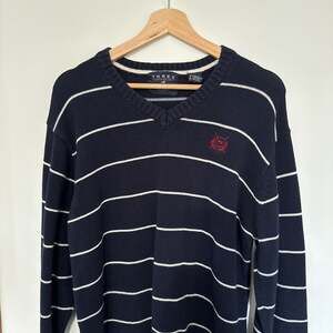 Mens L Sweater Textured Stripes V-Neck Blue Preppy Office Luxury